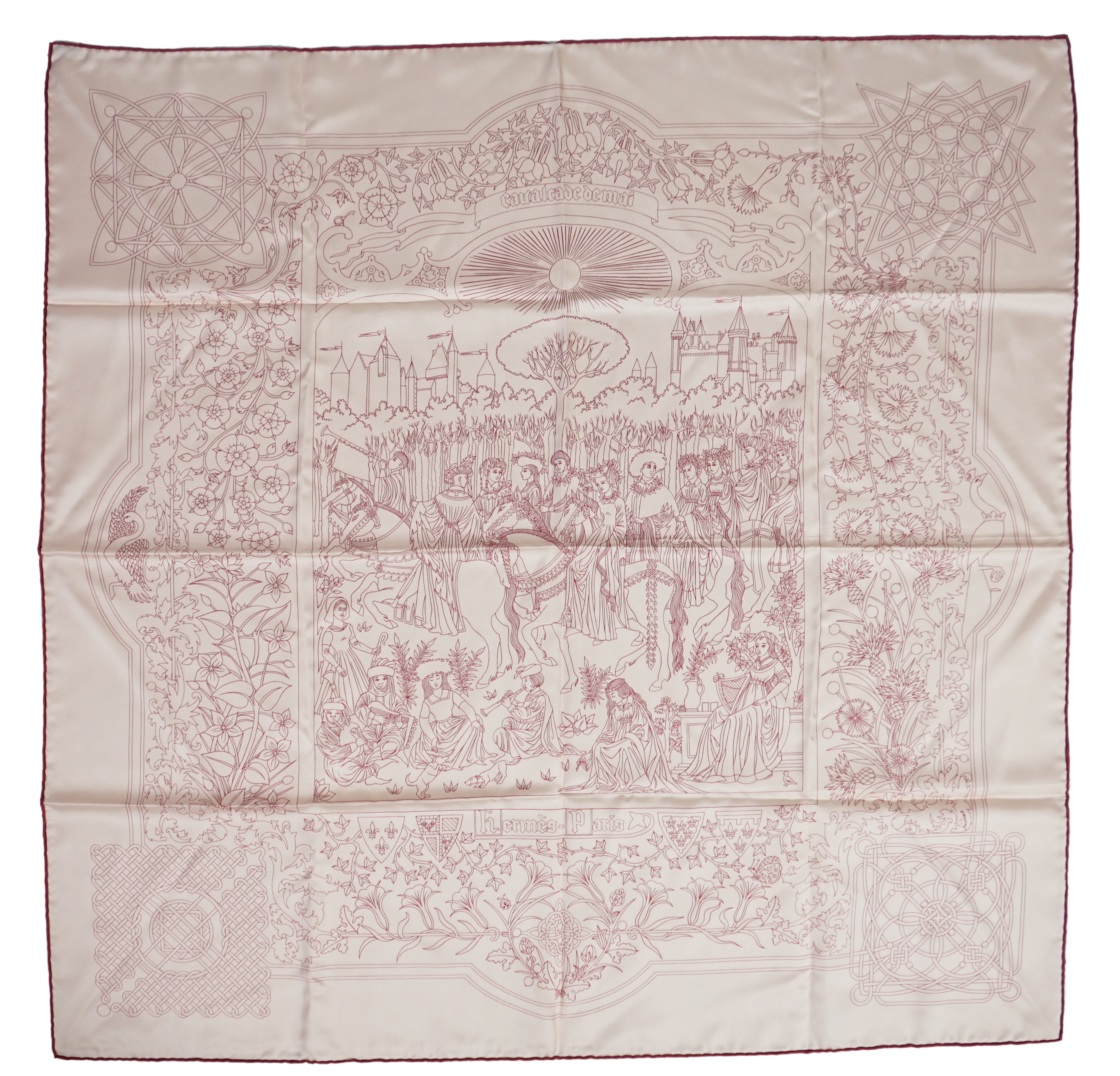 A Hermès Cavalcade de Mai printed light pink silk scarf, 90cm x 90cm